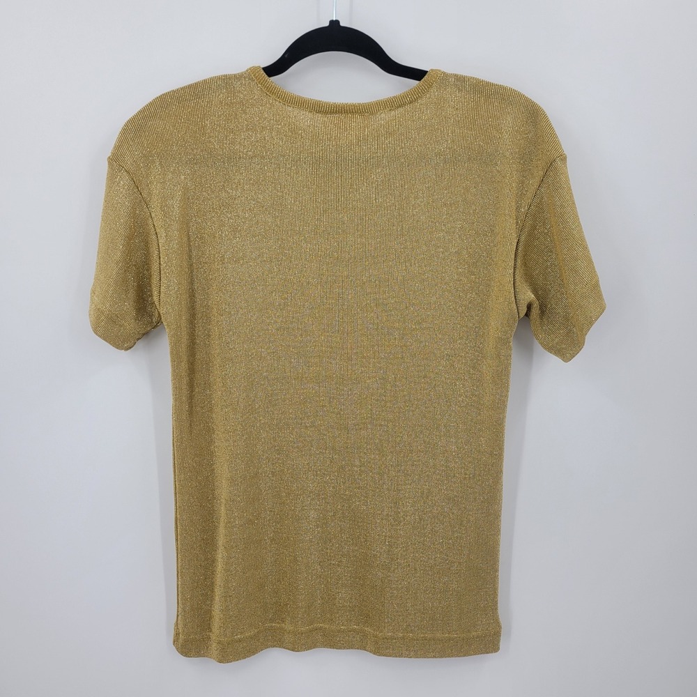 Vtg Gold Metallic Ribbed Knit Short Sleeve Top Sz S Layering Glam Cocktail - Picture 2 of 7